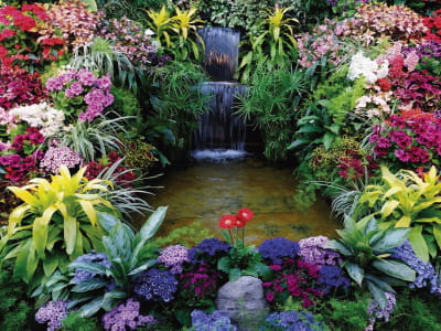 Fototapete Blühender Garten am Wasserfall