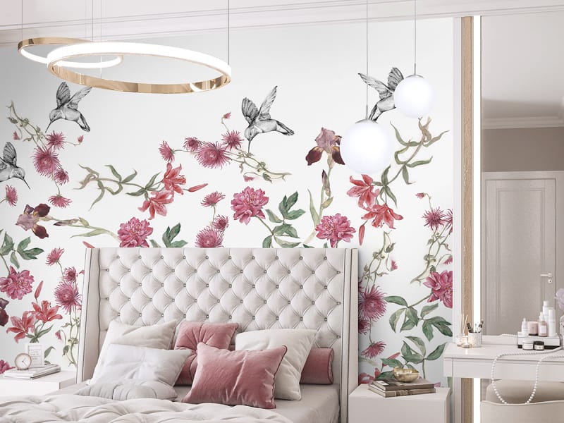 Fototapeta Kolibri und Blumen we wnętrzu sypialni