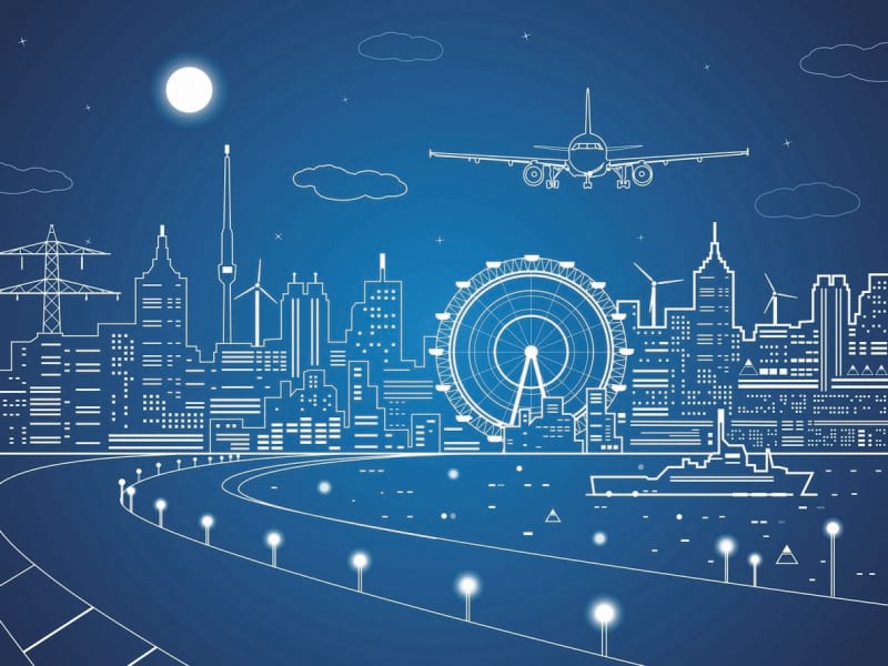 Fototapeta Flugzeug über der nächtlichen Stadt
