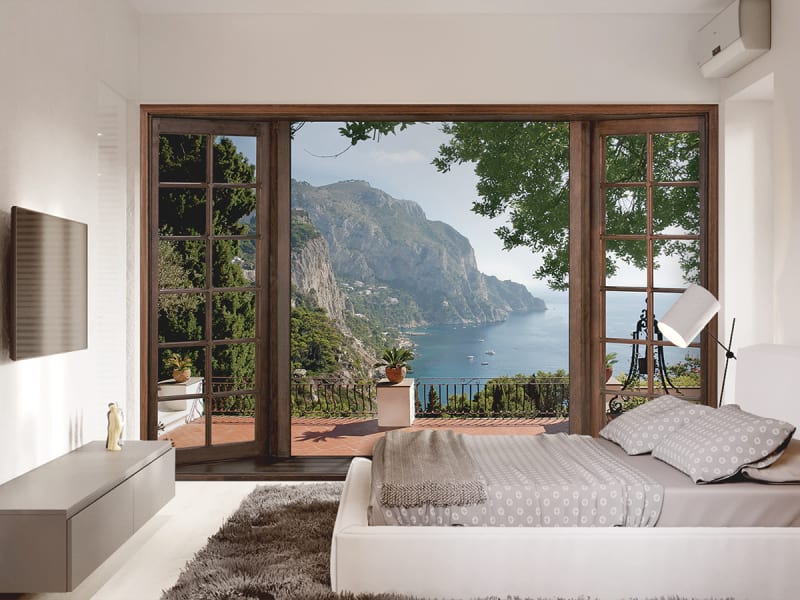 Fototapeta Fenster mit Blick auf die Natur we wnętrzu sypialni