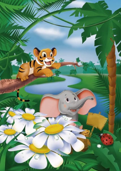 Fototapeta Tigerjunges und Elefantenkalb