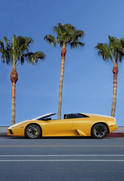Fototapeta Gelber Lamborghini und Palmen