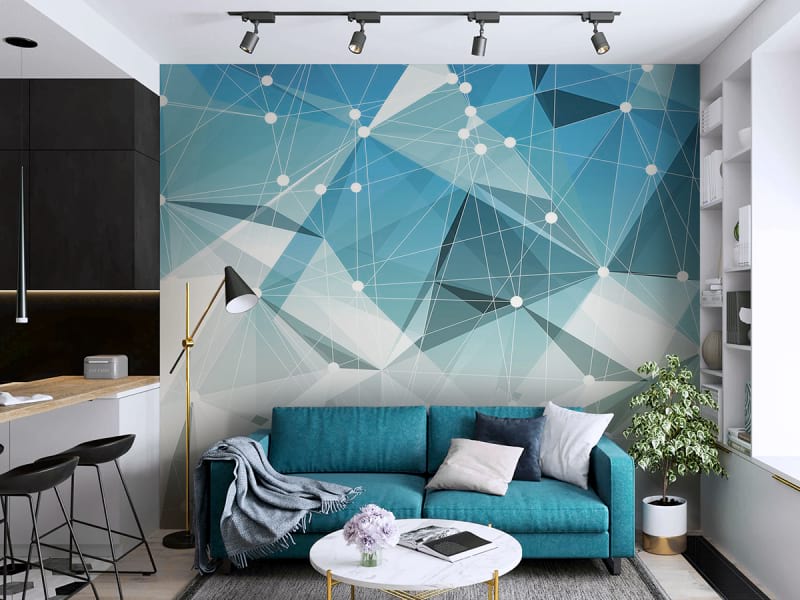 Fototapeta Weiß-blaue Polygone we wnętrzu salonu