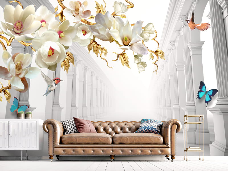 Fototapeta Magnolien und 3D-Tunnel we wnętrzu salonu