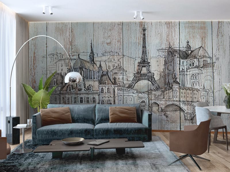 Fototapeta Paris, Zeichnung auf Holz we wnętrzu salonu