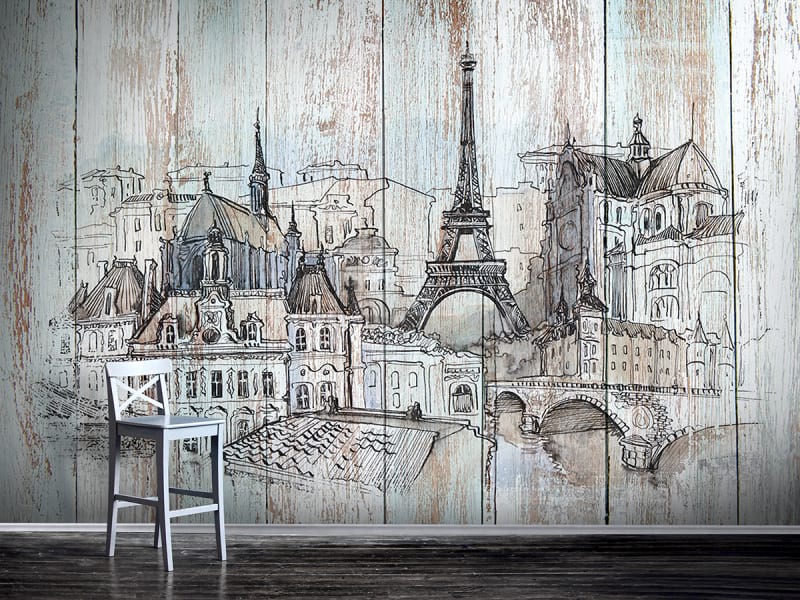 Fototapeta Paris, Zeichnung auf Holz на відкритій стіні