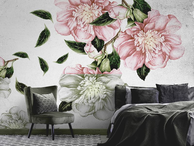 Fototapeta Luxuriöse rosa Blüten we wnętrzu sypialni