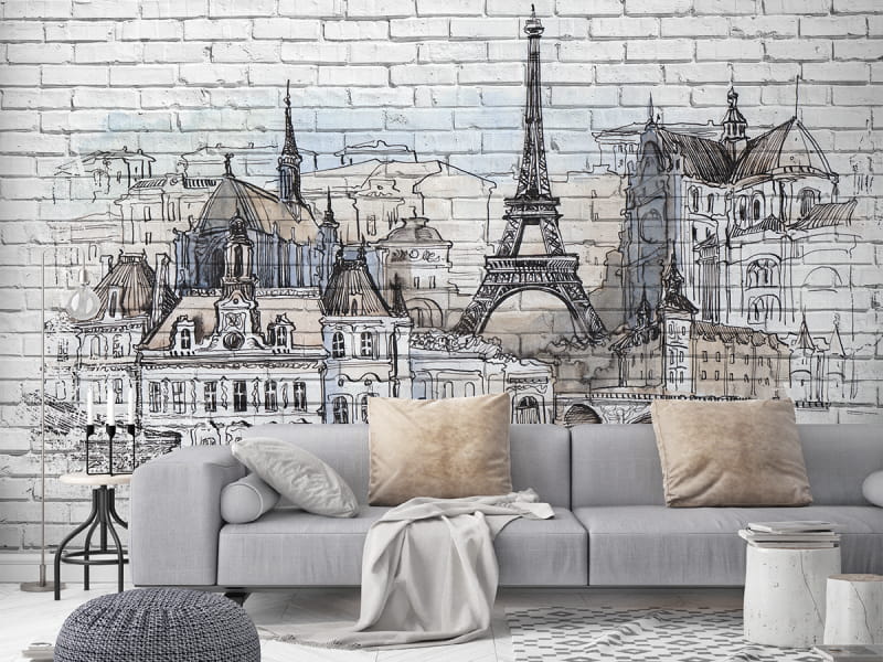 Fototapeta Paris auf einer Backsteinmauer we wnętrzu salonu