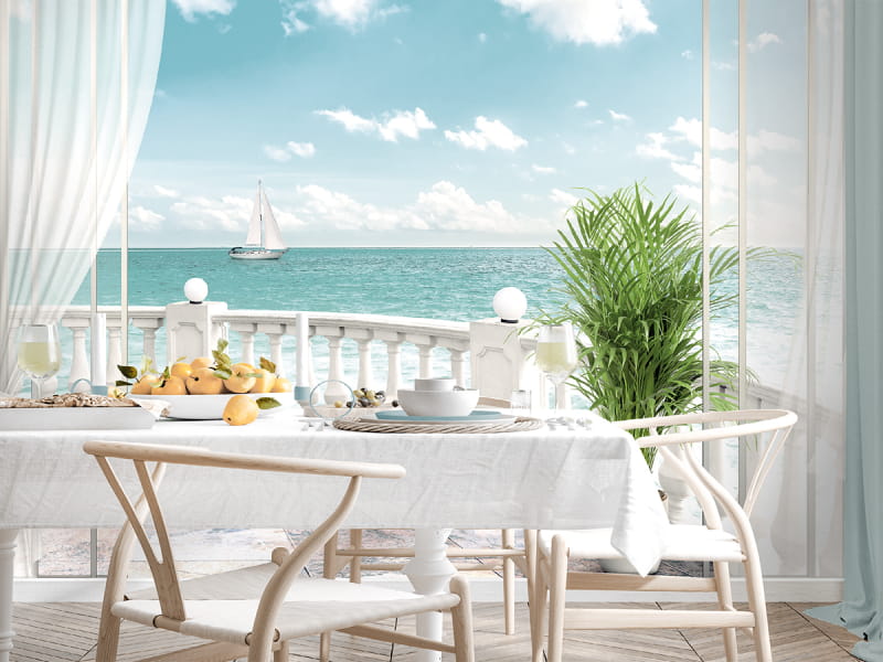 Fototapeta Fenster mit Blick auf das Meer we wnętrzu kuchni