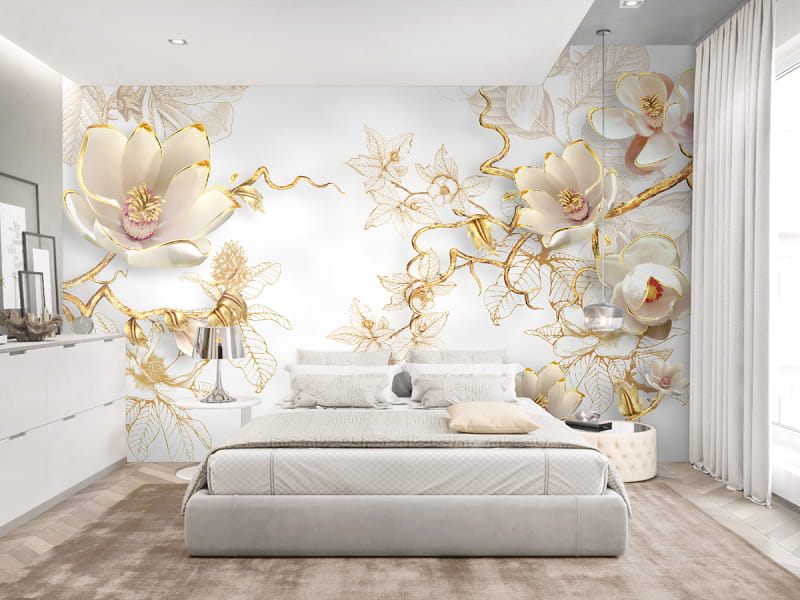 Fototapeta Magnolien in Gold we wnętrzu sypialni
