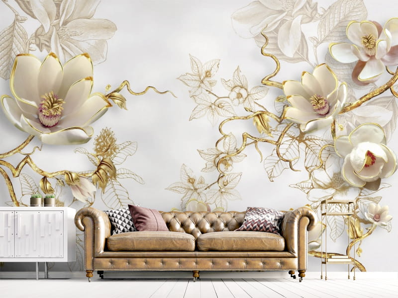 Fototapeta Magnolien in Gold we wnętrzu salonu