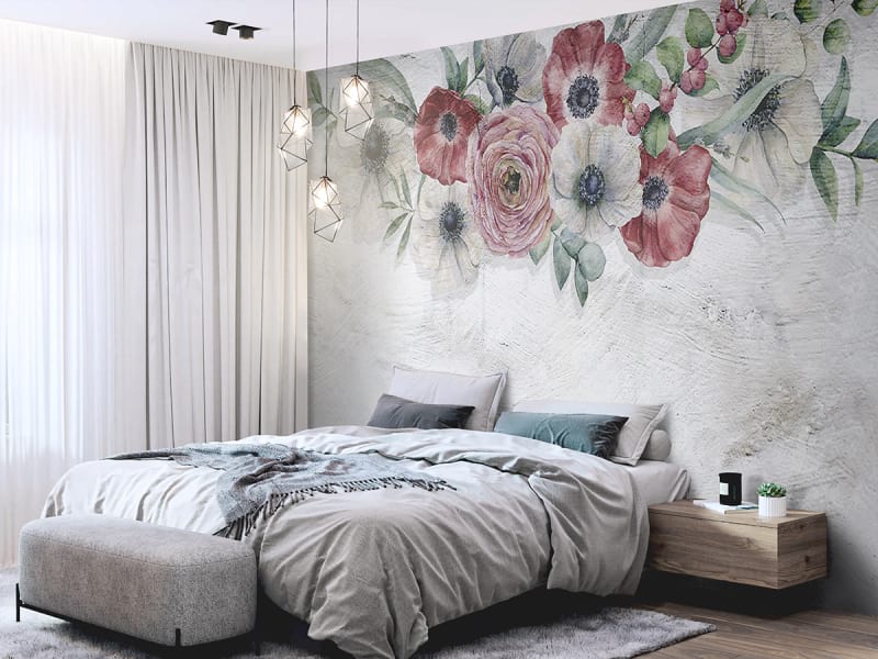 Fototapeta Leuchtende Blumen an der Wand we wnętrzu sypialni