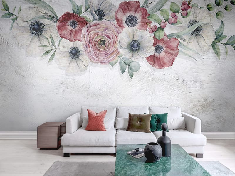 Fototapeta Leuchtende Blumen an der Wand we wnętrzu salonu