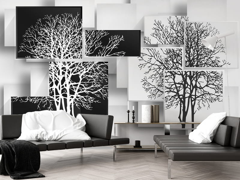 Fototapeta Schwarze und weiße Bäume we wnętrzu salonu