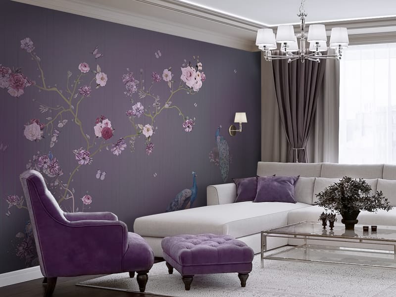 Fototapeta Pfauen und Blumen we wnętrzu salonu