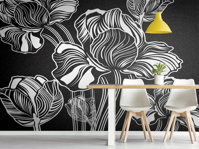 Fototapeta Blumen auf schwarzem Hintergrund we wnętrzu kuchni