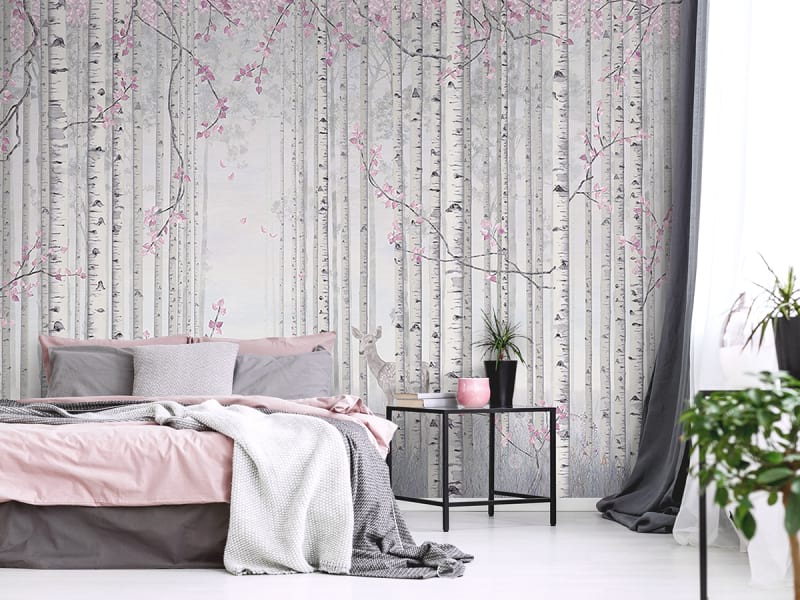 Fototapeta Birken mit rosa Blättern we wnętrzu sypialni