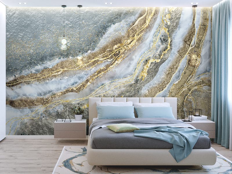 Fototapeta Goldene Wellen auf Marmor we wnętrzu sypialni