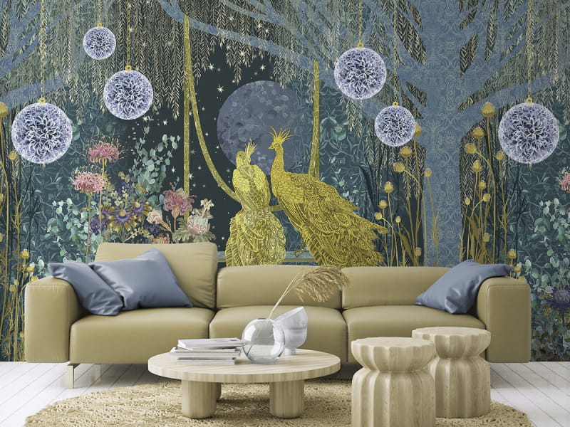 Fototapeta Goldene Pfauen we wnętrzu salonu