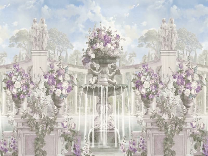 Fototapeta Blumen und Brunnen im Garten