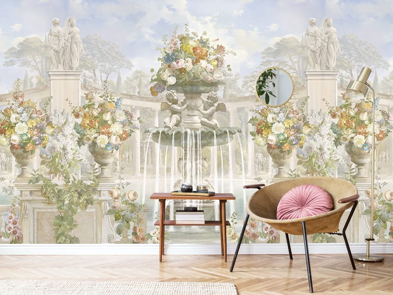 Fototapeta Üppige Blumen und Brunnen we wnętrzu przedpokoju