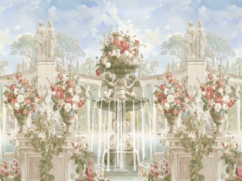 Fototapeta Anmutige Blumen und Brunnen