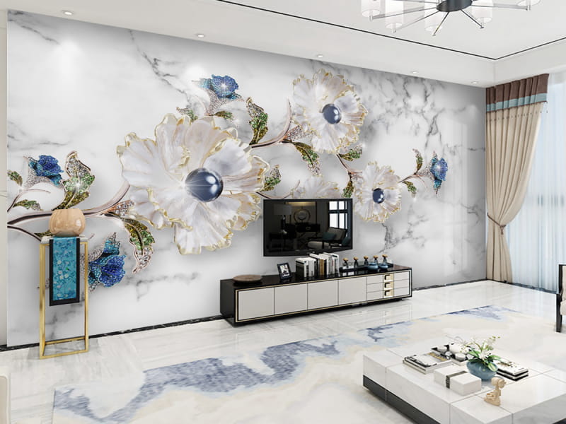 Fototapeta Luxuriöse Blumen auf Marmor we wnętrzu salonu