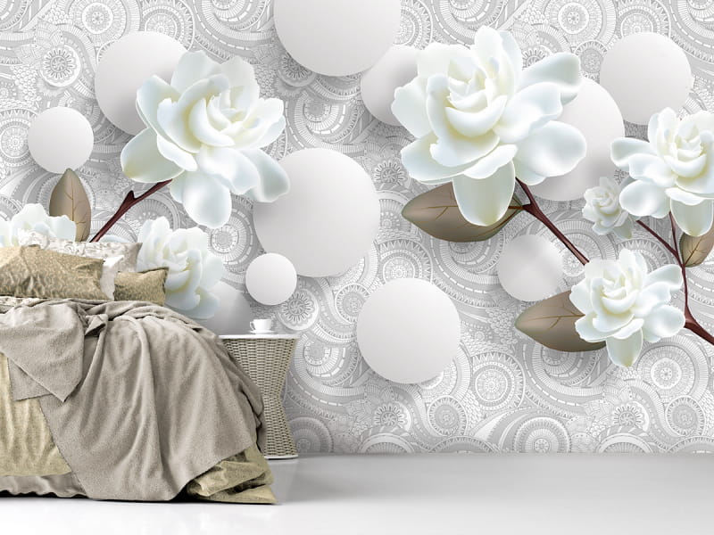 Fototapeta Weiße Blumen und Kugeln we wnętrzu sypialni
