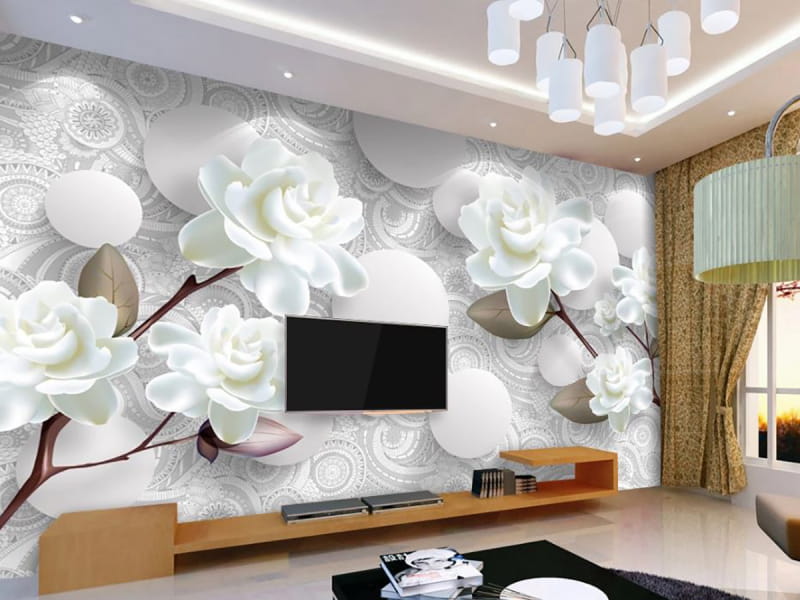 Fototapeta Weiße Blumen und Kugeln we wnętrzu salonu
