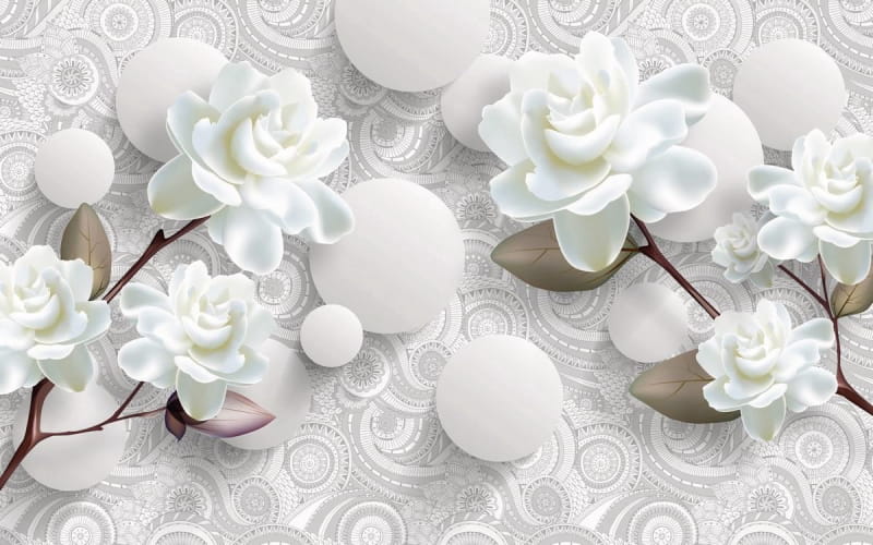 Fototapeta Weiße Blumen und Kugeln