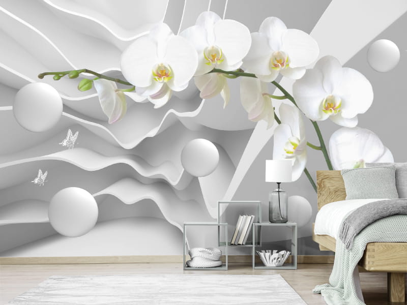 Fototapeta Weiße Orchidee und Abstraktion we wnętrzu sypialni