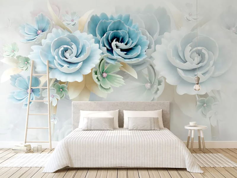 Fototapeta Volumetrische blaue Blüten we wnętrzu sypialni