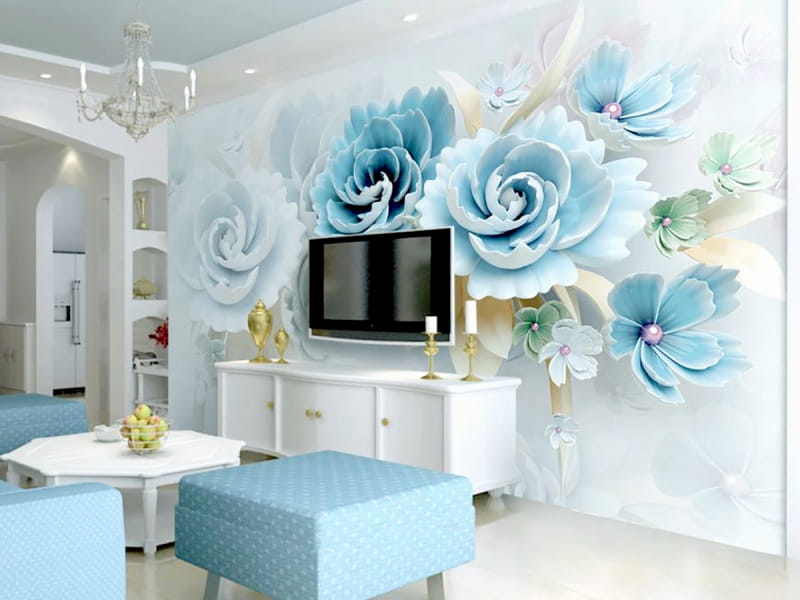 Fototapeta Volumetrische blaue Blüten we wnętrzu salonu