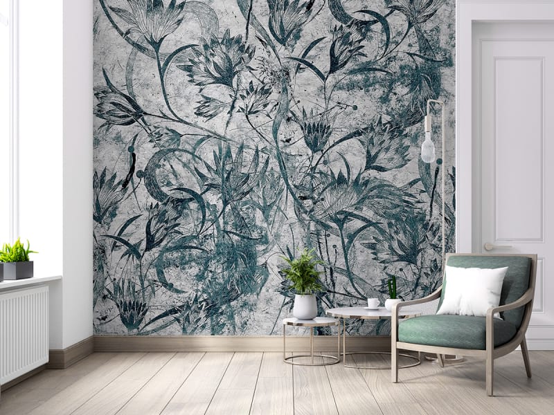 Fototapeta Dunkelgrünes Blumenmuster we wnętrzu salonu