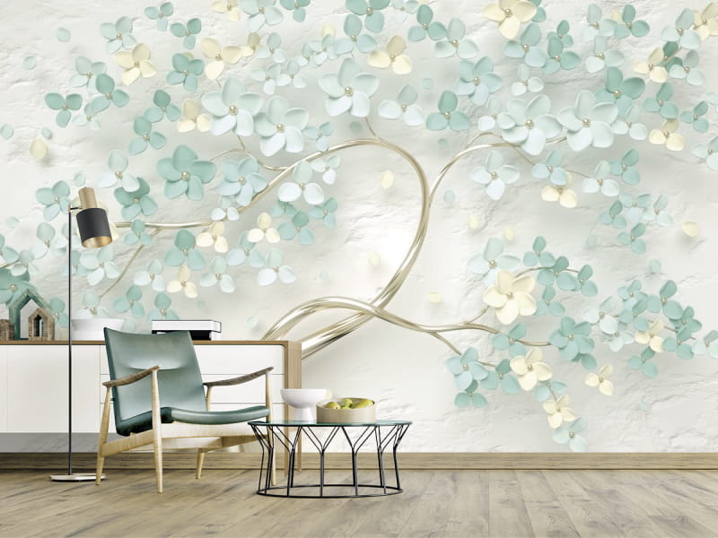 Fototapeta Blühender goldener Baum we wnętrzu sypialni