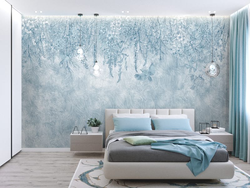 Fototapeta Hellblaue Blüten von oben we wnętrzu sypialni