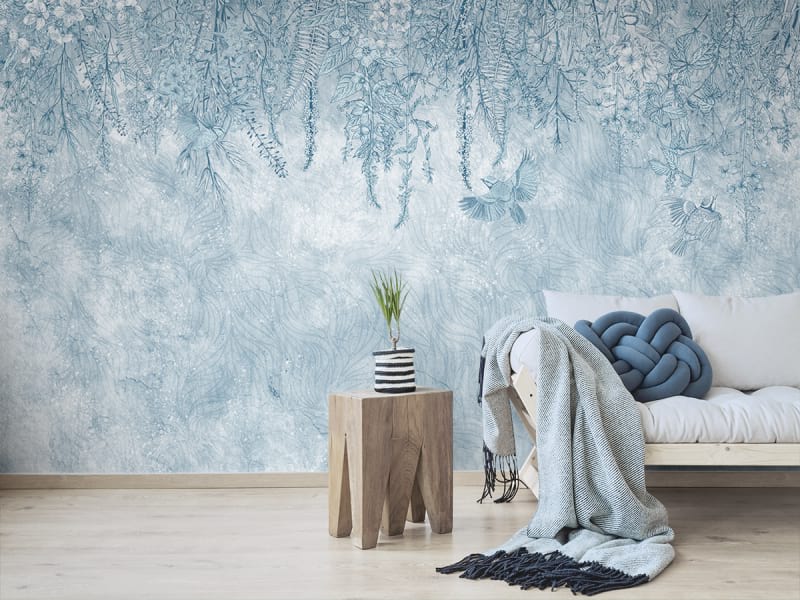 Fototapeta Hellblaue Blüten von oben we wnętrzu salonu