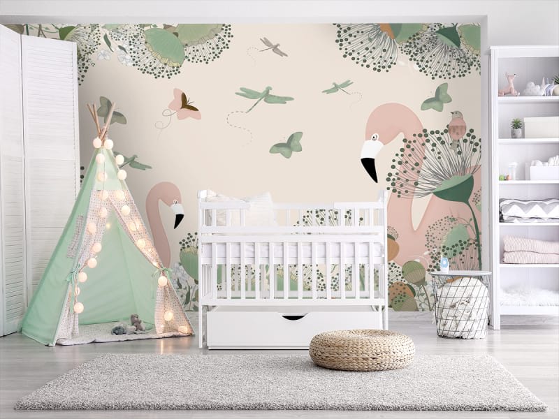 Fototapeta Flamingo und Blumen we wnętrzu pokoju dziecka