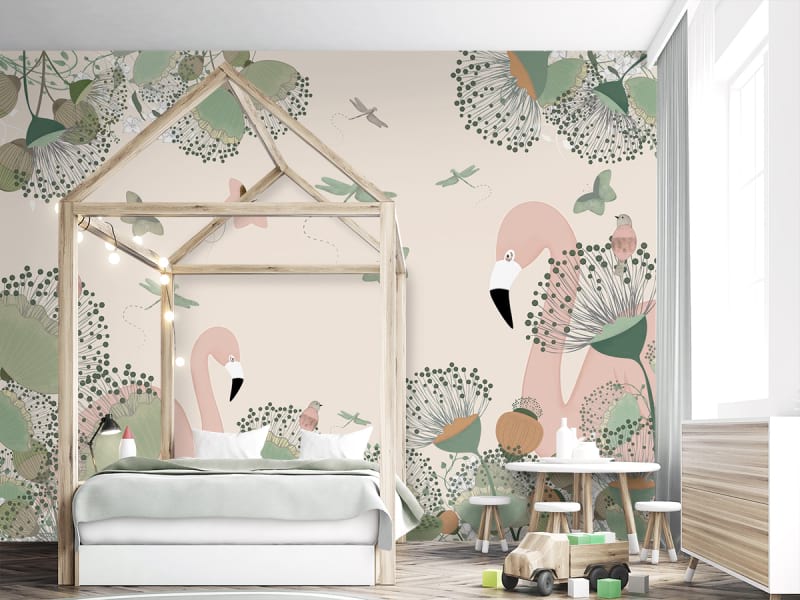 Fototapeta Flamingo und Blumen we wnętrzu pokoju nastolatka