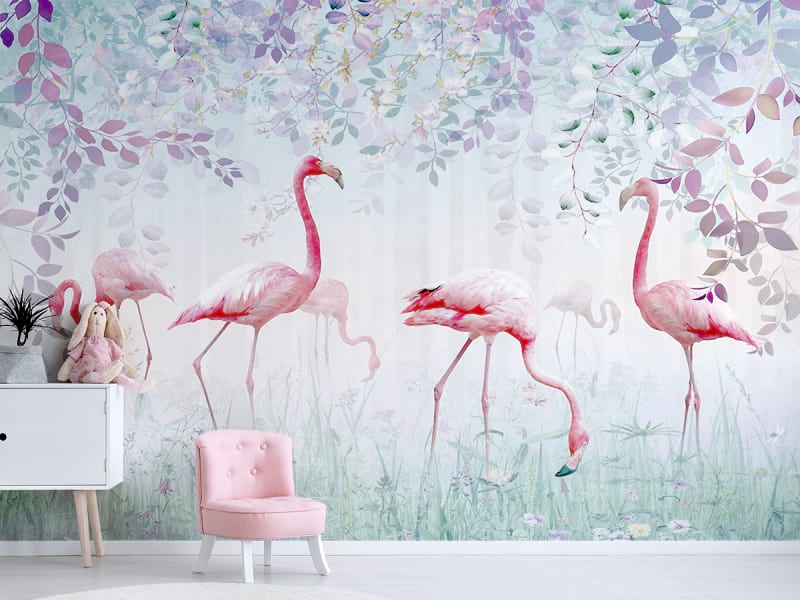 Fototapeta Flamingo im Frühlingsgarten we wnętrzu pokoju dziecka