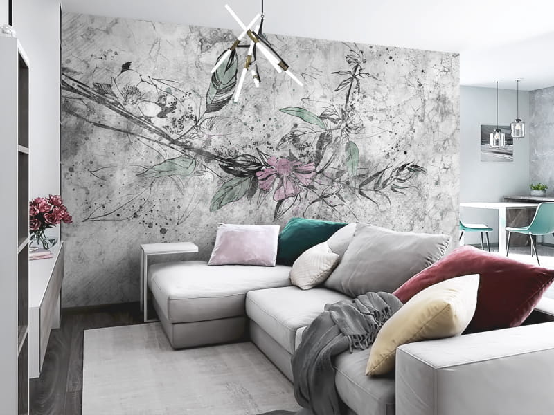 Fototapeta Zarte Blume auf Beton we wnętrzu salonu