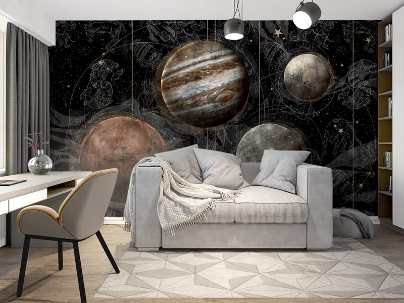 Fototapeta Planeten und Sternbilder we wnętrzu pokoju nastolatka