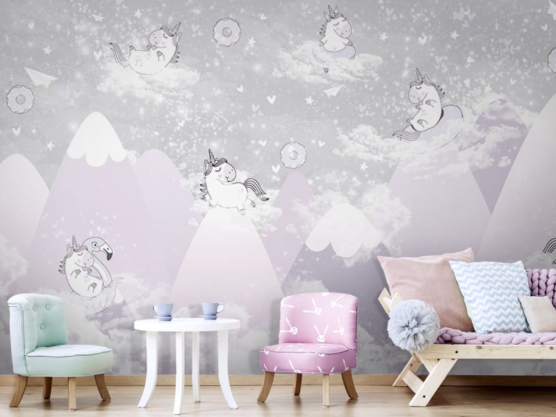 Fototapeta Kleine Einhörner in den Wolken we wnętrzu pokoju dziecka