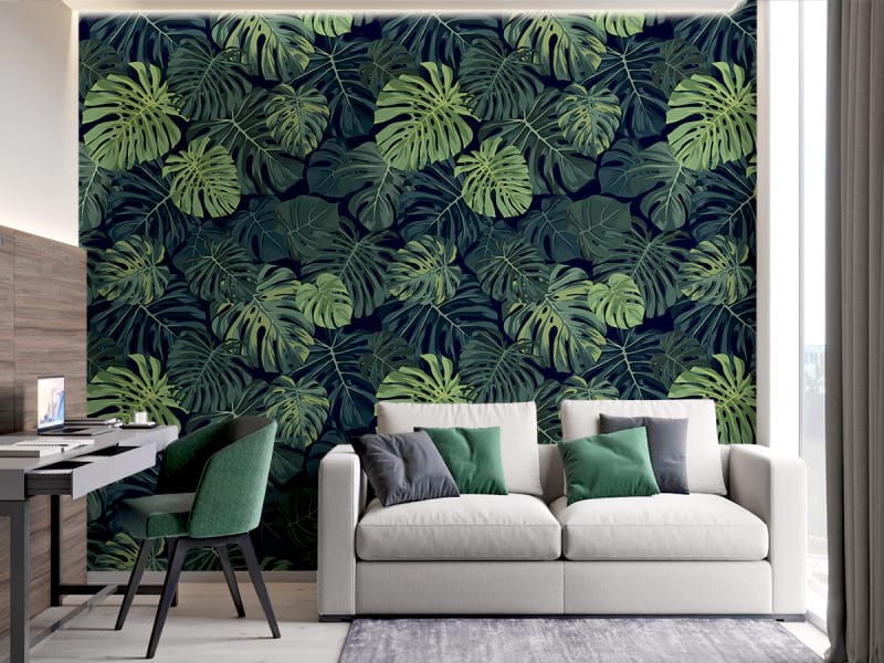 Fototapeta Monstera-Blätter auf dunklem Hintergrund we wnętrzu pokoju nastolatka