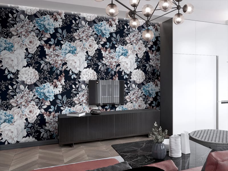 Fototapeta Blumen auf dunklem Hintergrund we wnętrzu salonu