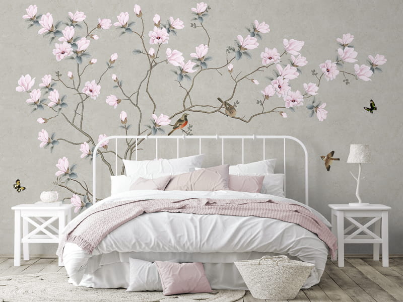 Fototapeta Blumen und Vögel we wnętrzu sypialni