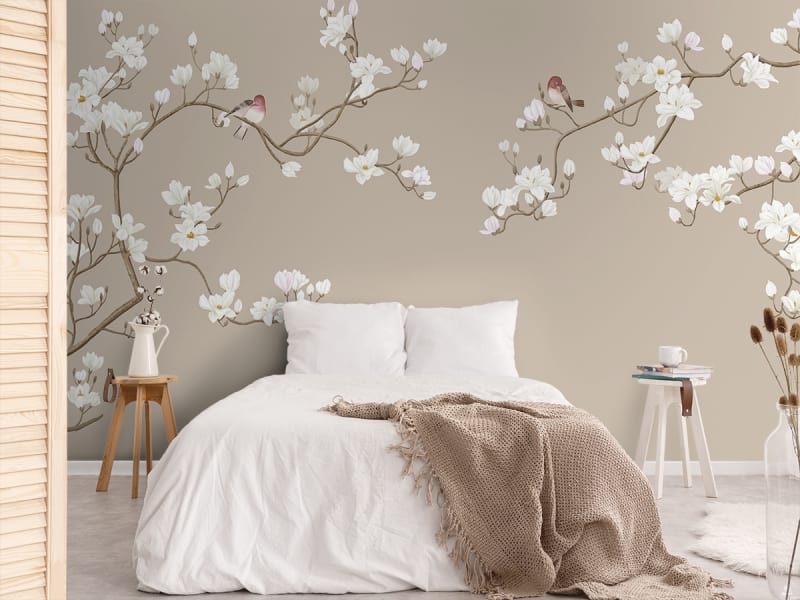 Fototapeta Blumen und Schmetterlinge we wnętrzu sypialni