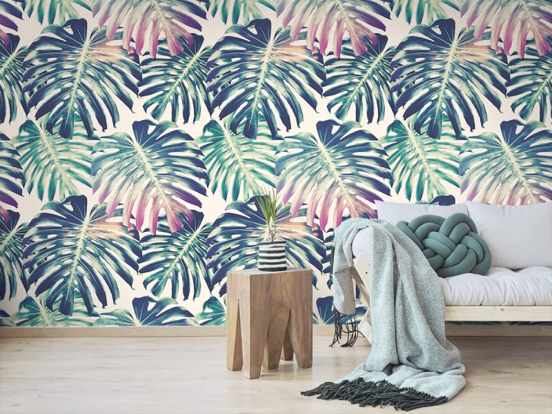 Fototapeta Monstera-Blätter-Muster we wnętrzu salonu