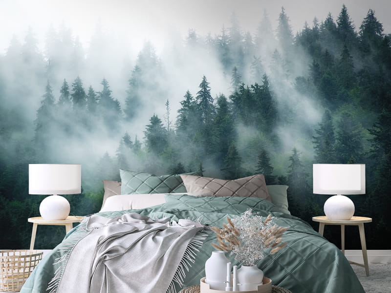 Fototapeta Dämmerungswald im Nebel we wnętrzu sypialni