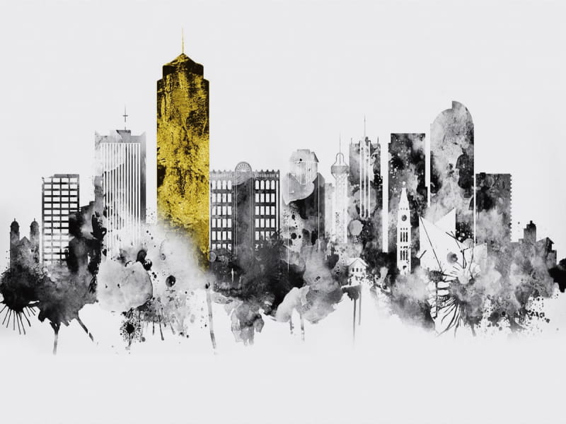 Fototapeta Stadt mit einem goldenen Wolkenkratzer